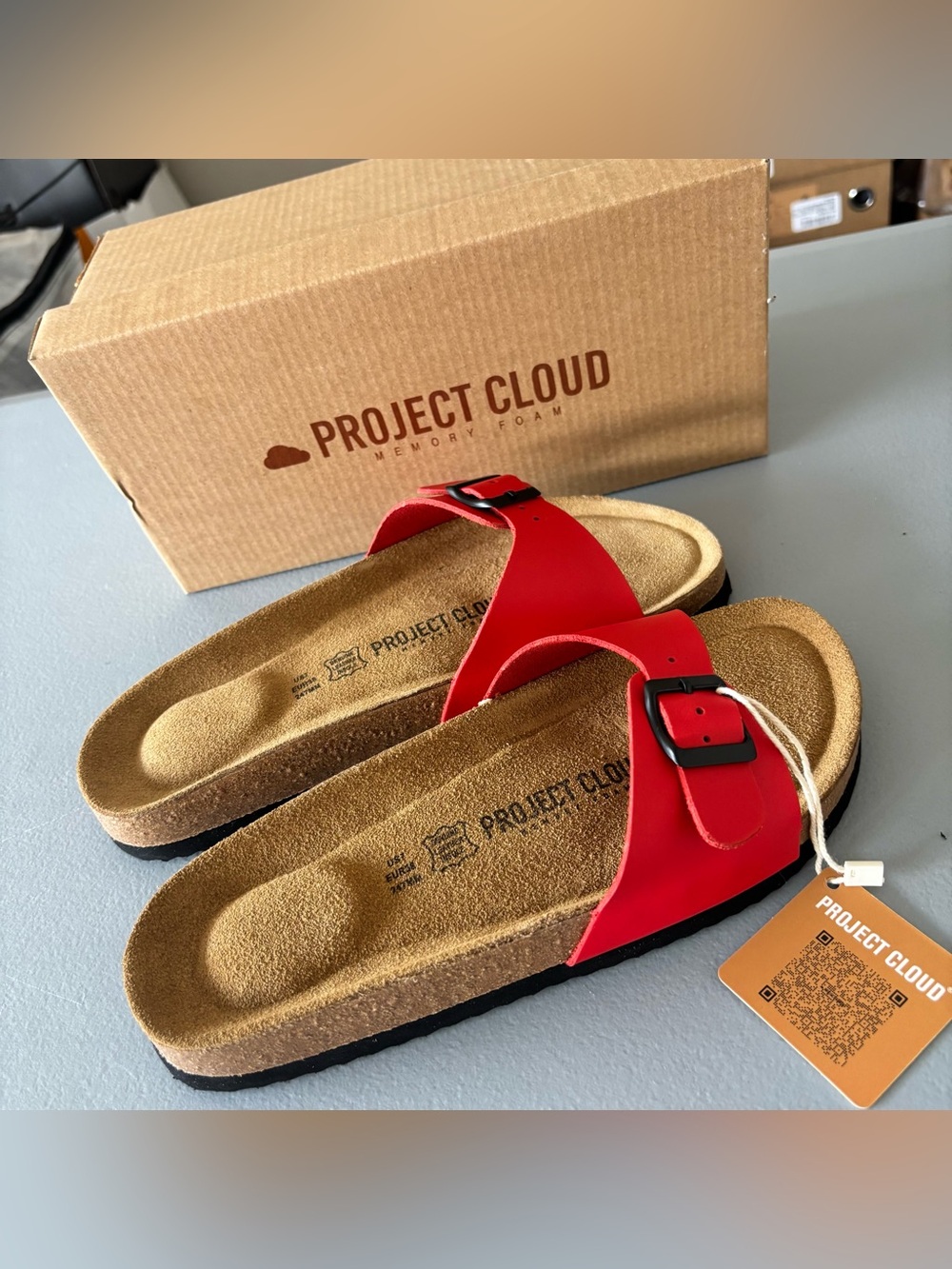 Project Cloud 100% Genuine Leather Madrid Sandals Memory foam insole light Red